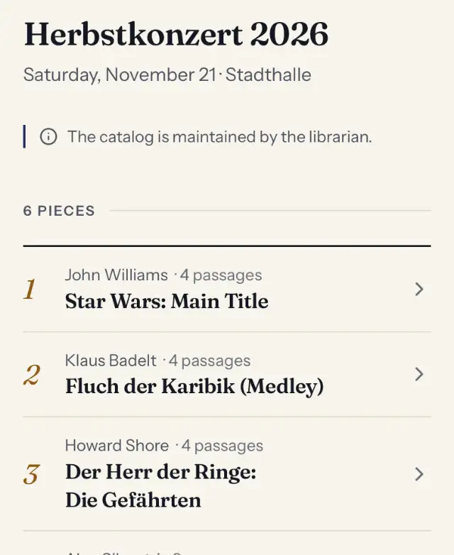 Detail of the catalog with the pieces of the current concert