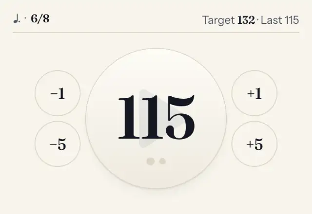 Detail of practice mode for a passage in 6/8: tempo 115 as a round button with beat dots, next to it the minus and plus keys